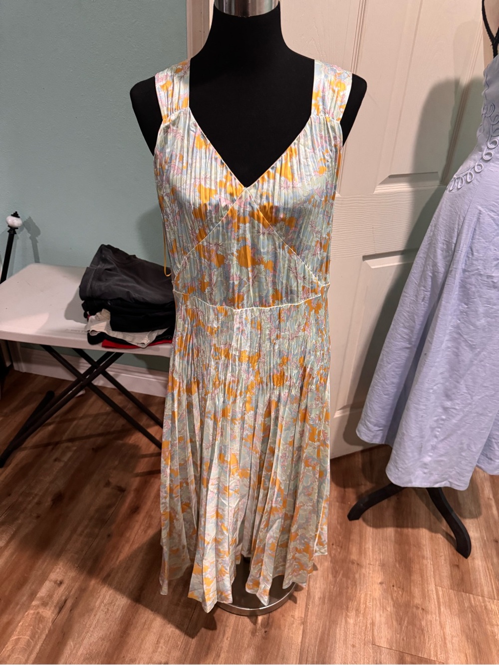 Vince Lotus Light Blue and Yellow Floral Pleated V-Neck Midi Dress